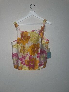 CeCe Floral Square-Neck Tank Top in White, Yellow & Pink